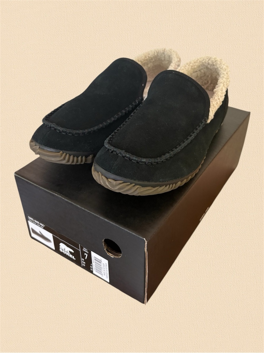 NWT SOREL Dude Moc Slippers Black Suede Sherpa Lined Indoor/Outdoor Men’s 7